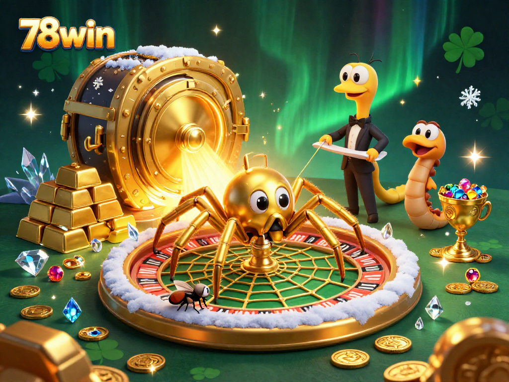 Experience thrilling bets at 78win with a golden spider, roulette wheel, and vibrant gambling elements.