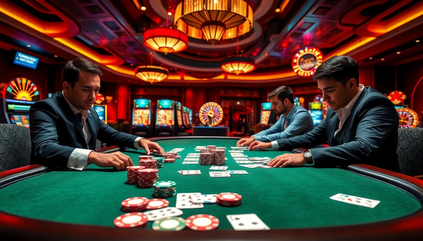 High-stakes poker scene with players and poker chips at tylenhacai7.com casino.