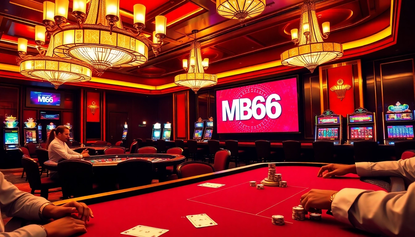 Experience the thrill of MB66 gaming at a luxurious casino with players at a poker table.