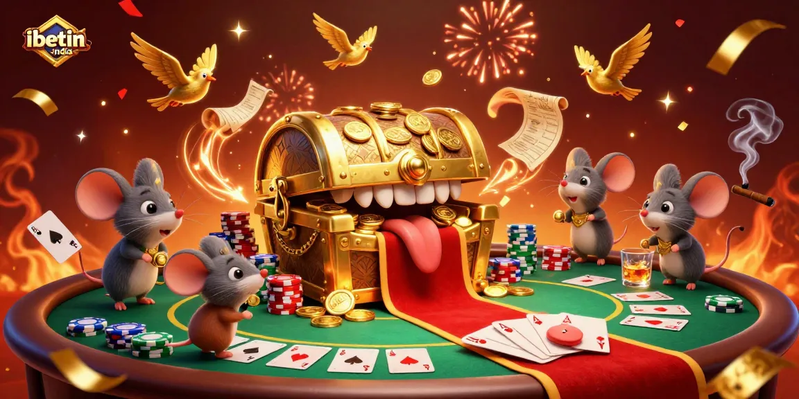 Engage with ibetin-india's thrilling 3D casino adventure featuring a treasure chest and poker elements.