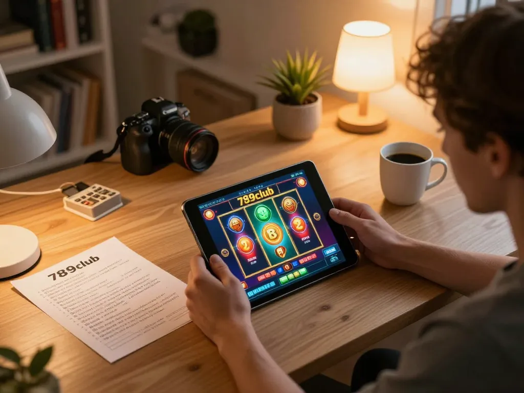 Player enjoying 789club slot games on tablet in cozy home office, emphasizing responsible gaming.
