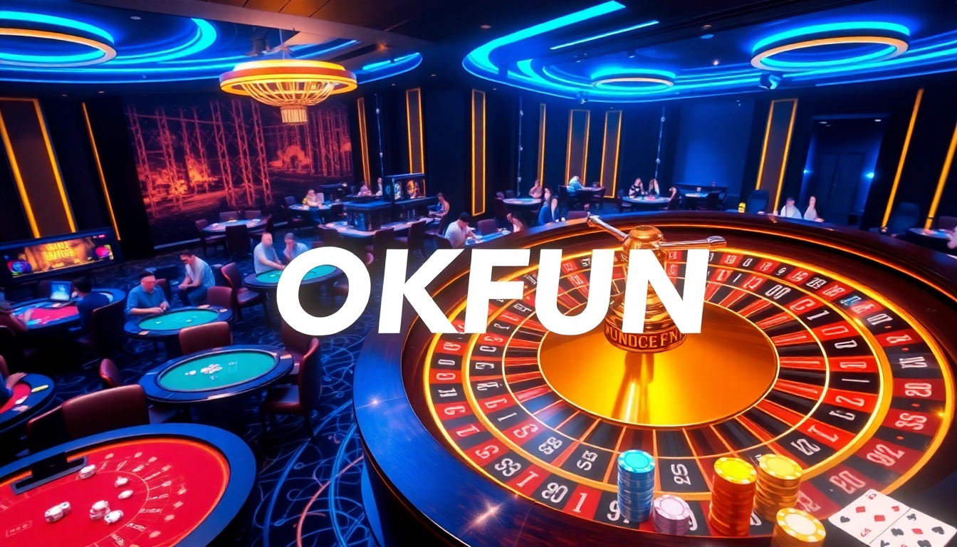 Exciting online casino scene featuring OKFUN with roulette wheel, chips, and players engaging in games.