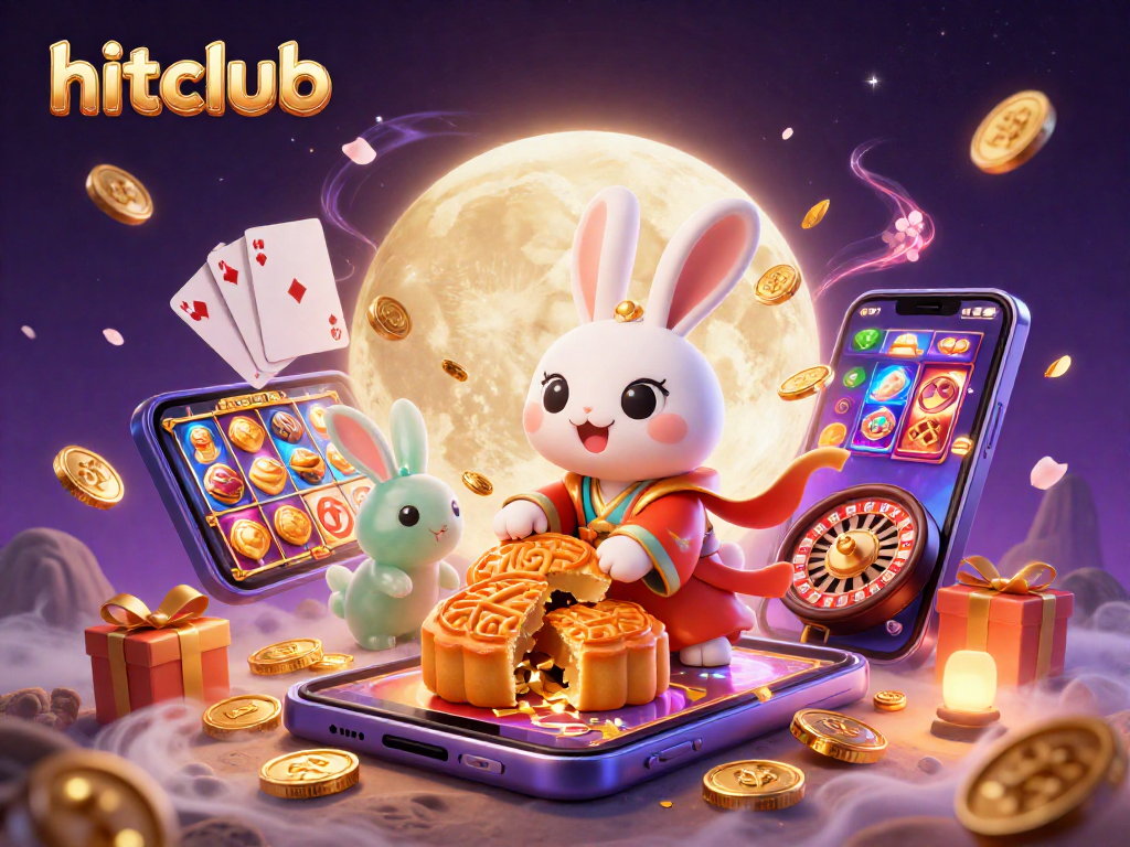 Experience the hitclub excitement with a vibrant 3D scene of a moon rabbit and casino games.