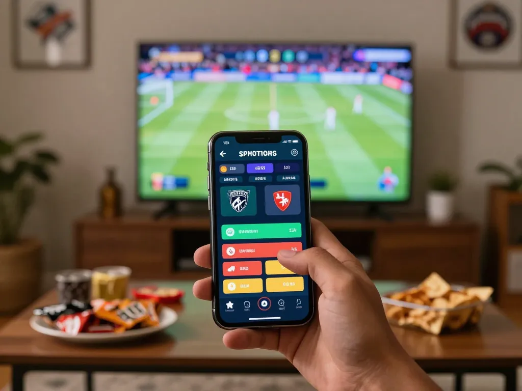 MM88 user placing sports bets on smartphone while enjoying a game in a lively living room.