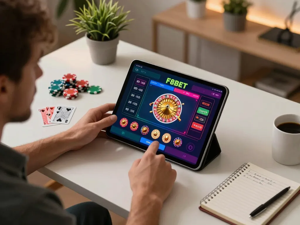Experience thrilling gameplay with F8BET on a sleek tablet in a cozy home office setting.