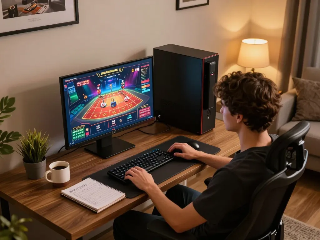 Engaging in online gambling at a Nhà cái uy tín with a laptop, demonstrating strategic gameplay and comfort