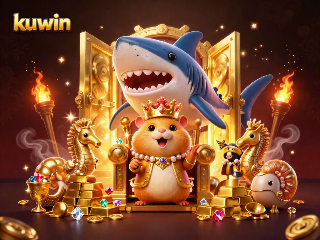 Kuwin engages players with diverse gaming experiences featuring a golden hamster king atop a megalodon throne surrounded by treasure.