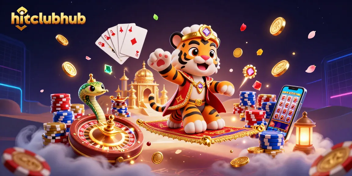 Experience the excitement of hitclubhub with a dynamic scene featuring casino elements and a vibrant Arabian-themed character illustration.