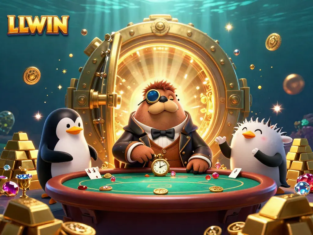 Experience thrilling moments at LLWIN with a fun underwater poker scene featuring a walrus, penguin dealer, and pufferfish.