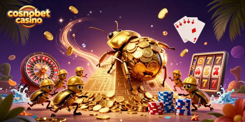 Experience the thrill at cosmobet casino with a vibrant 3D illustration depicting exciting games.