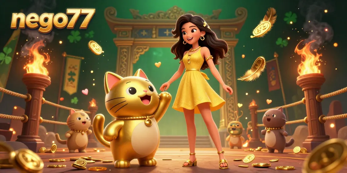 Nego77 enhances gaming experience with vibrant characters and golden elements in a lively casino scene.