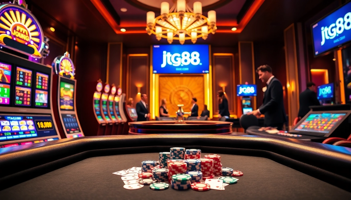 Exciting casino scene showcasing gambling action and jtg88.com promotions.
