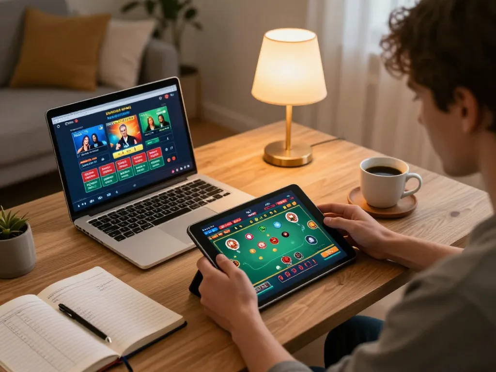 Engaging online gaming experience at home with lc88 casino app on tablet, showcasing strategic gameplay.