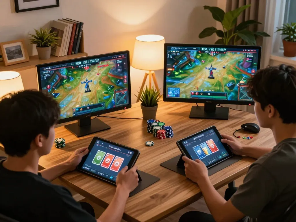 Engaging in game bài đổi thưởng at home using tablets, showcasing a lively online gaming atmosphere.