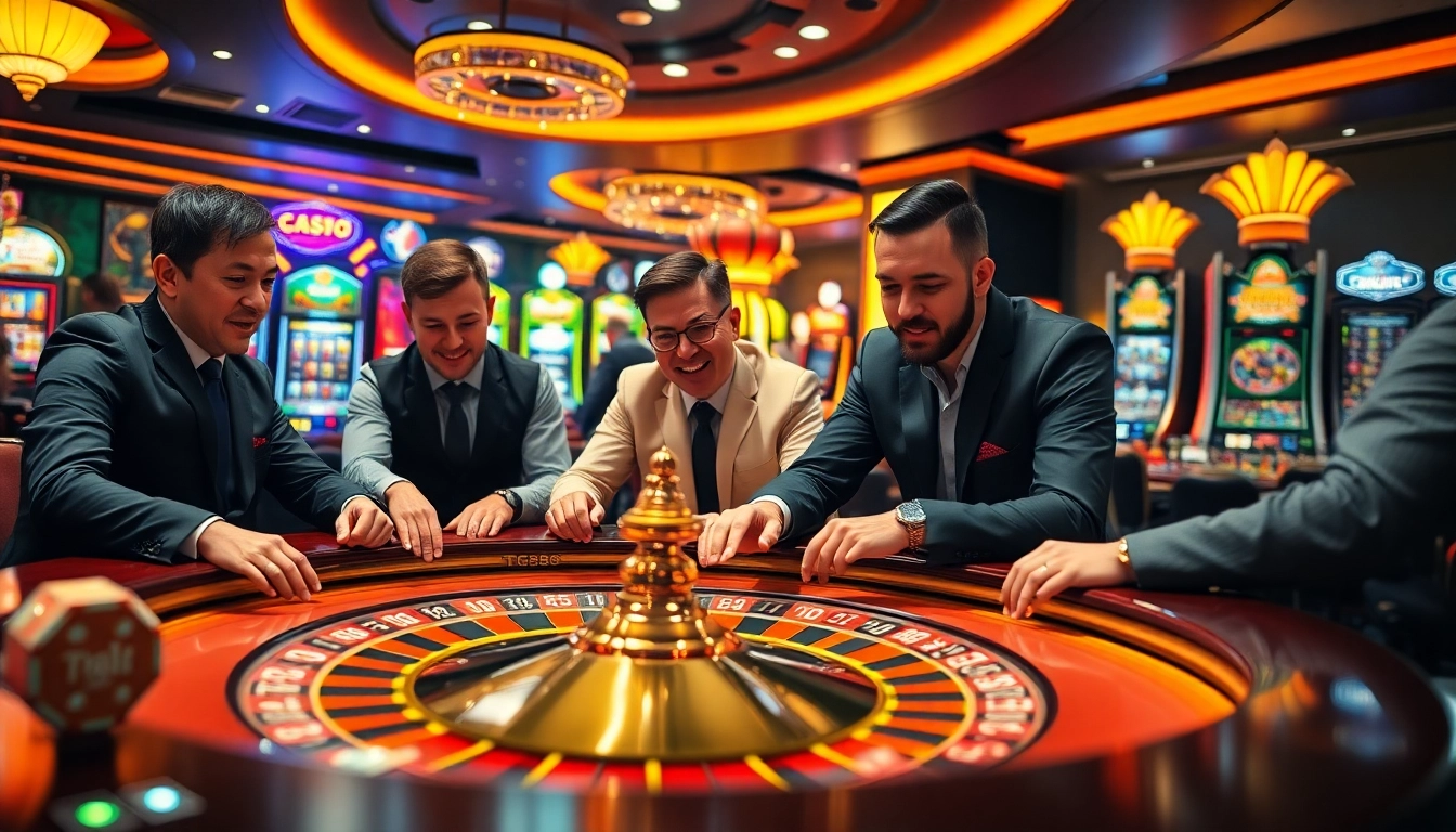 TG88 players celebrate a big win at a luxurious casino roulette table.