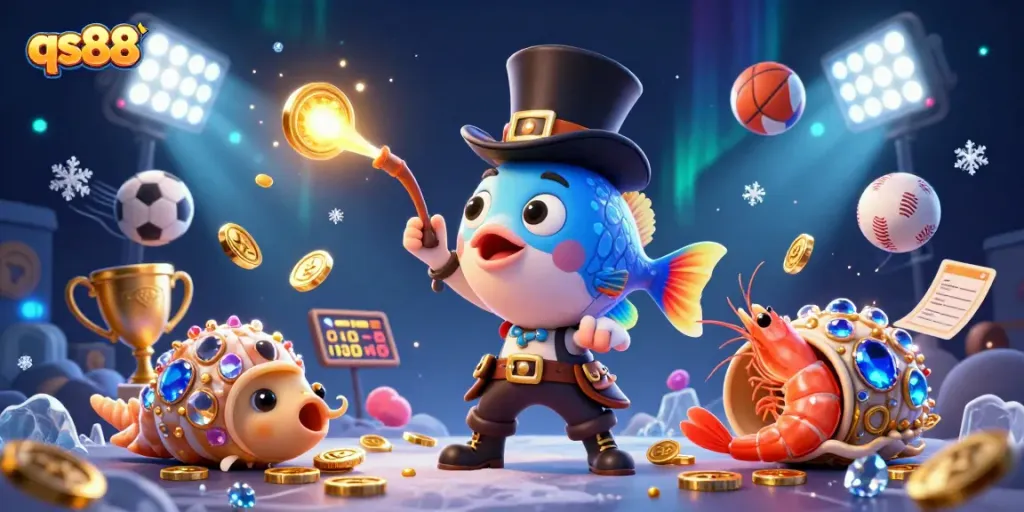 Experience exciting games at qs88, showcasing a vibrant scene with treasure-laden sea creatures and sports elements.