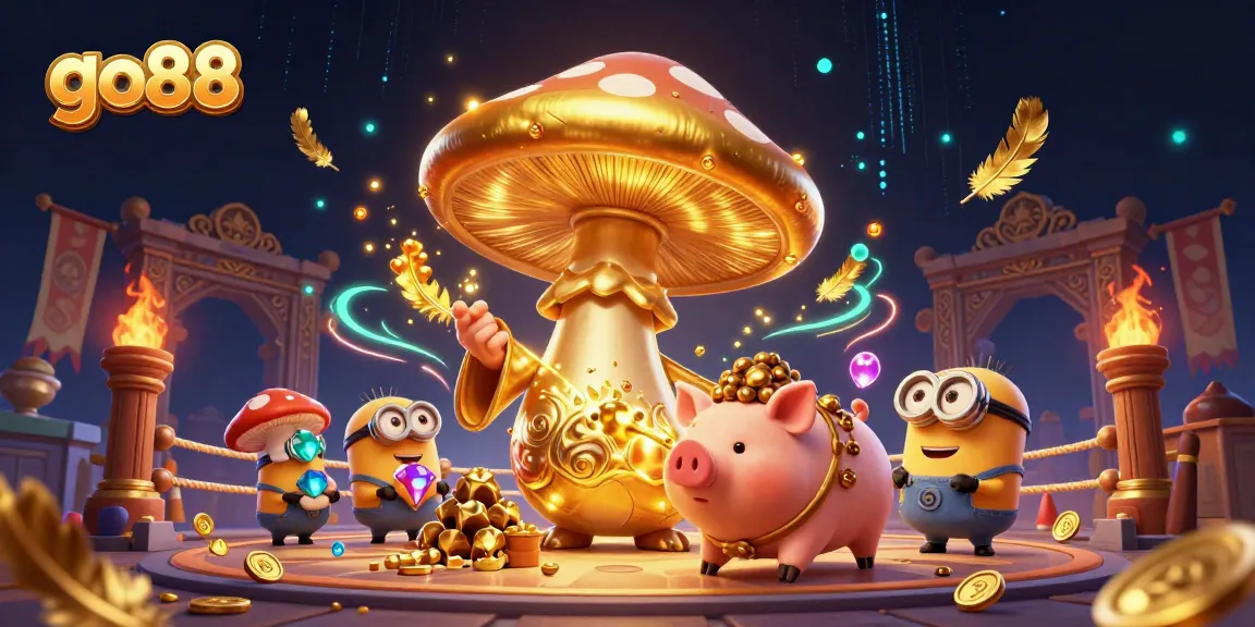 Experience exciting gaming at go88 with a magical golden wizard and treasures in a vibrant casino world.