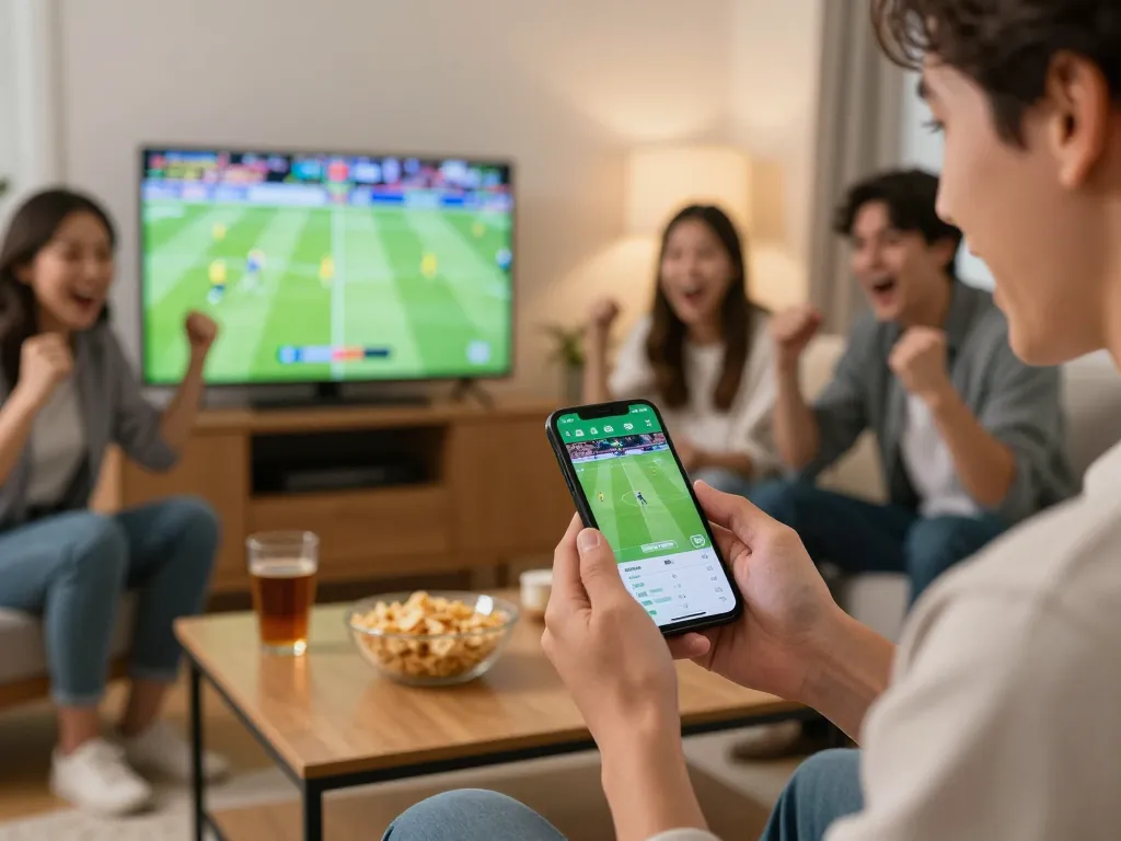 Engaged player using keobongdatoday on smartphone for live sports betting at home.