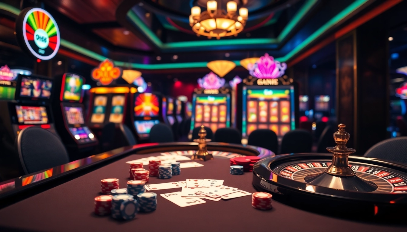 Experience the excitement of qh88 with luxurious casino gaming tables and vibrant slot machines.