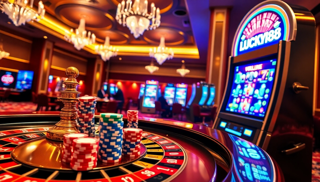Players enjoying the exhilarating LUCKY88 casino atmosphere with roulette and colorful poker chips.