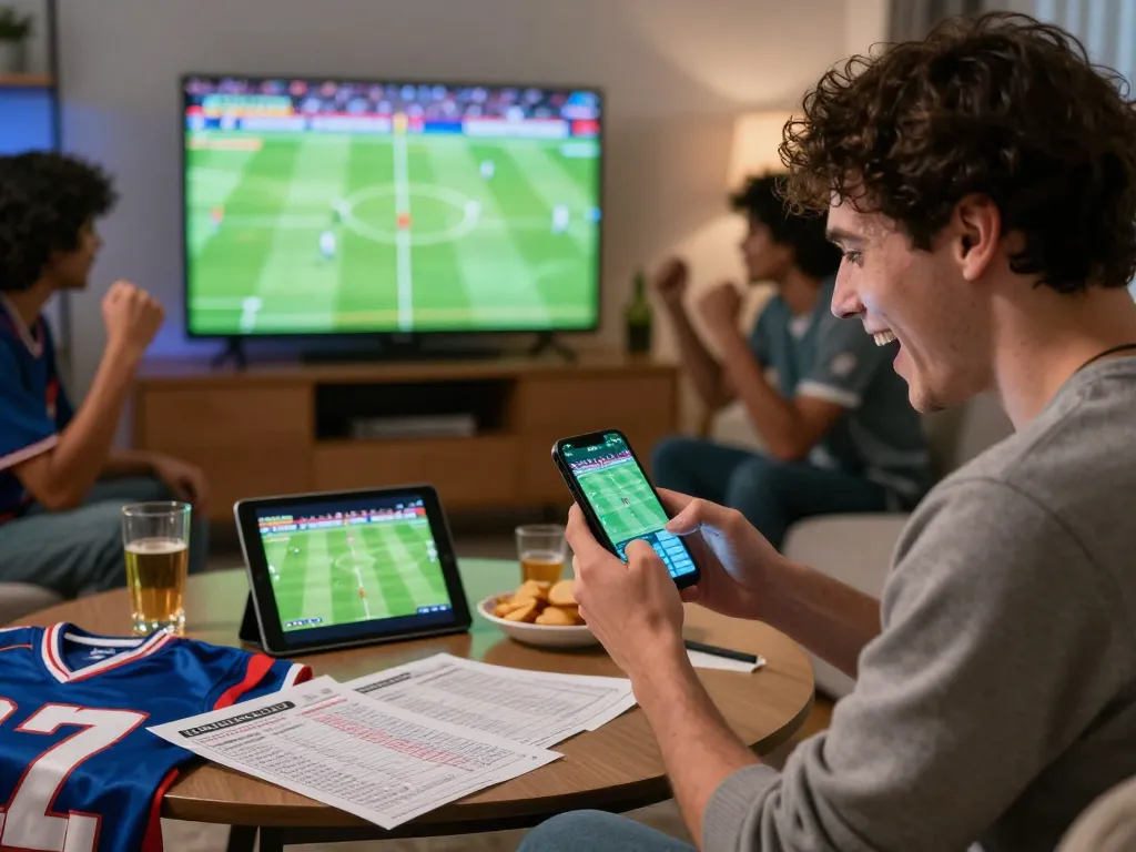 Excited sports betting scene featuring keo nha cai activity with smartphone, football match on TV, and snacks.