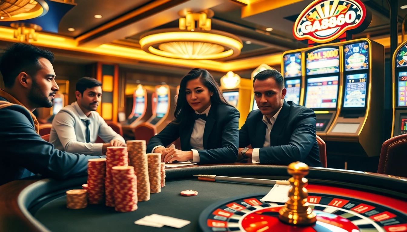 GA888 players enjoying an exciting game at a vibrant casino table with poker chips.