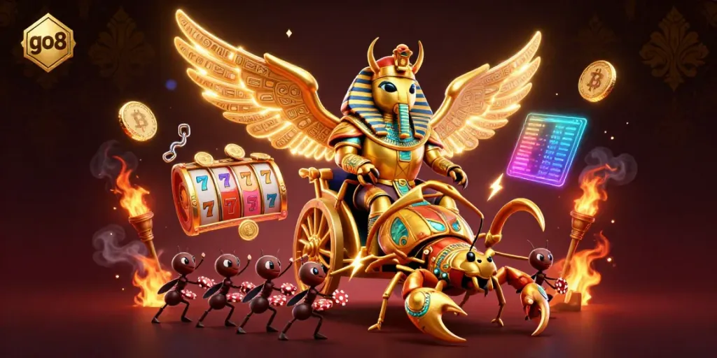 Engage in thrilling gaming experiences with go8, featuring a scarab beetle and scorpions in a vibrant casino scene.