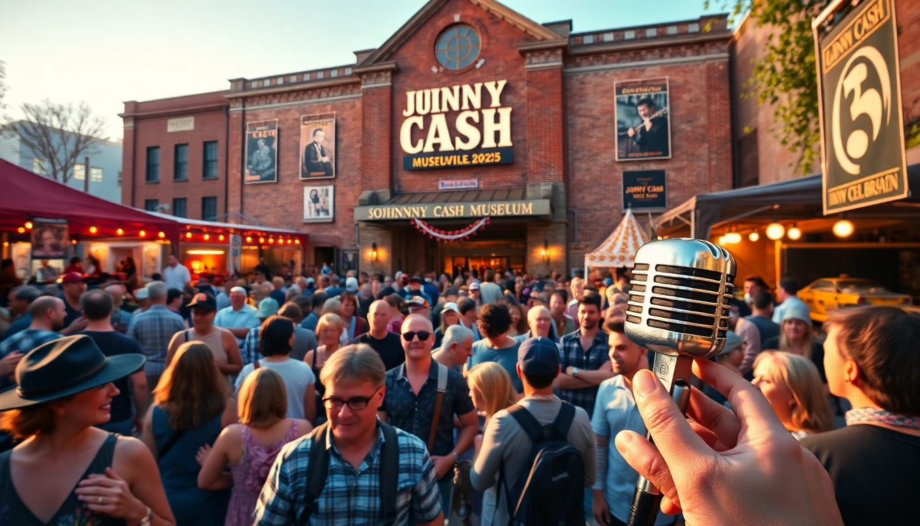 Fans celebrating at johnnycashbirthday.com with live music and memorabilia at the Johnny Cash Museum.