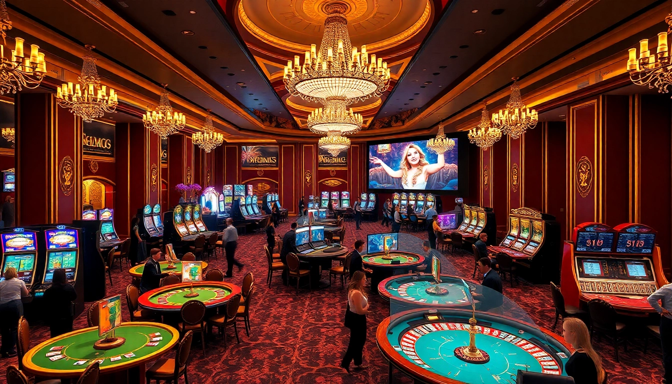 A vibrant casino scene showcasing excitement with tables and slots at trang chủ kp88, highlighting online gambling interfaces.
