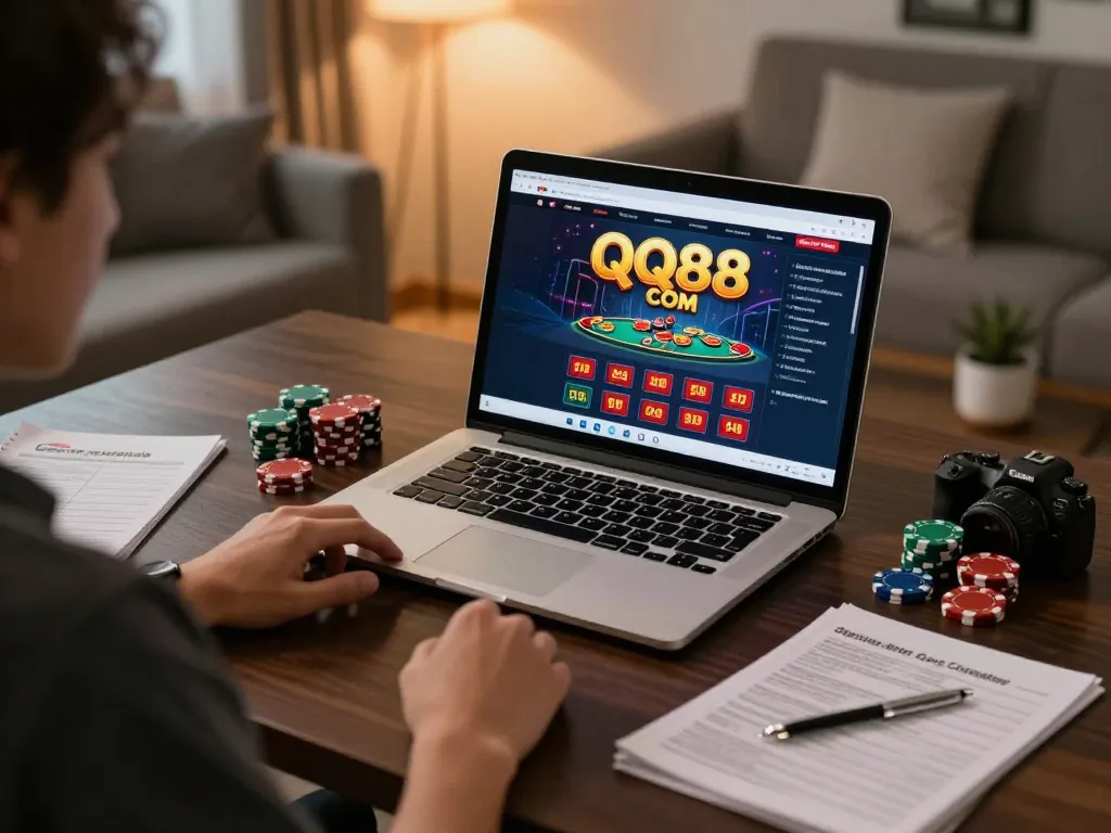 Engaged gambler using QQ88 COM for online casino strategy with laptop and poker chips.