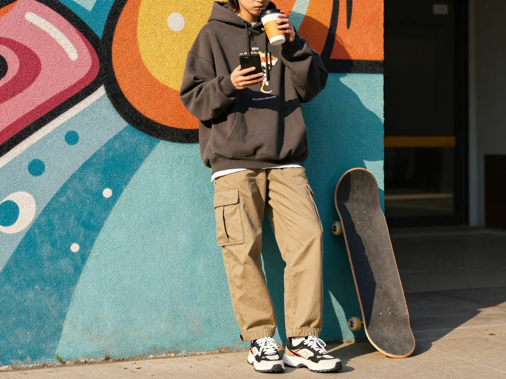 Sunwin fashion lifestyle scene showcasing urban streetwear style with a person in trendy outfit