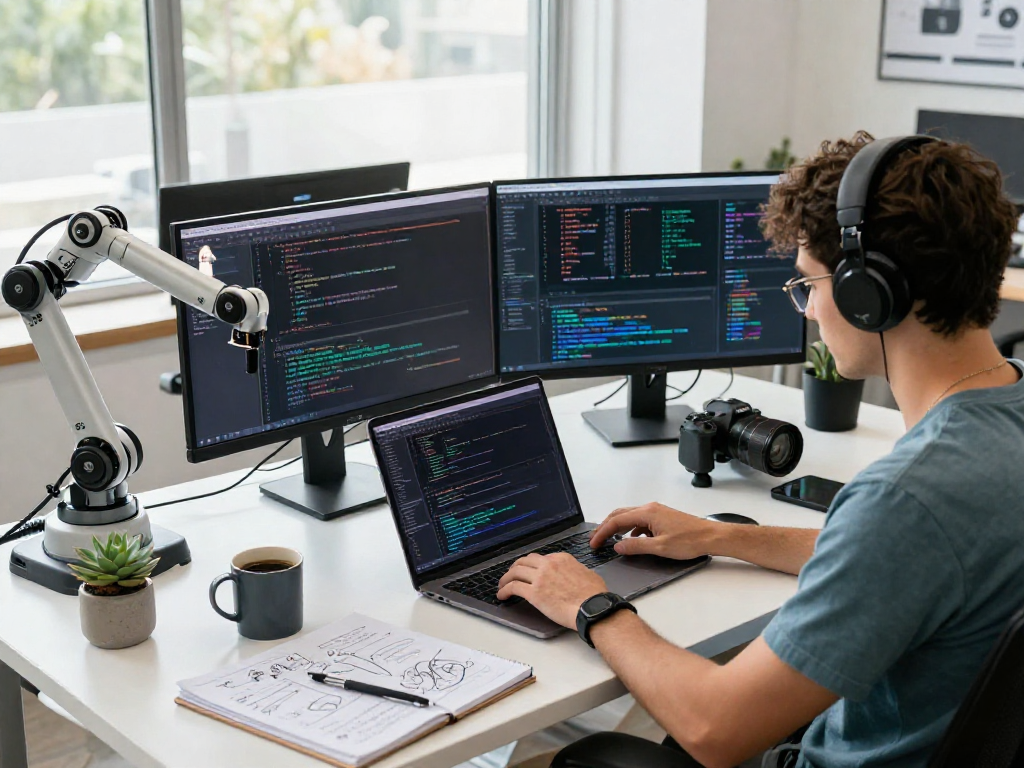AI +18 developer coding in modern workspace with tech setup.