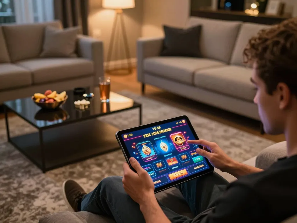 TG 88 app displayed on tablet during a cozy online gaming session at home.