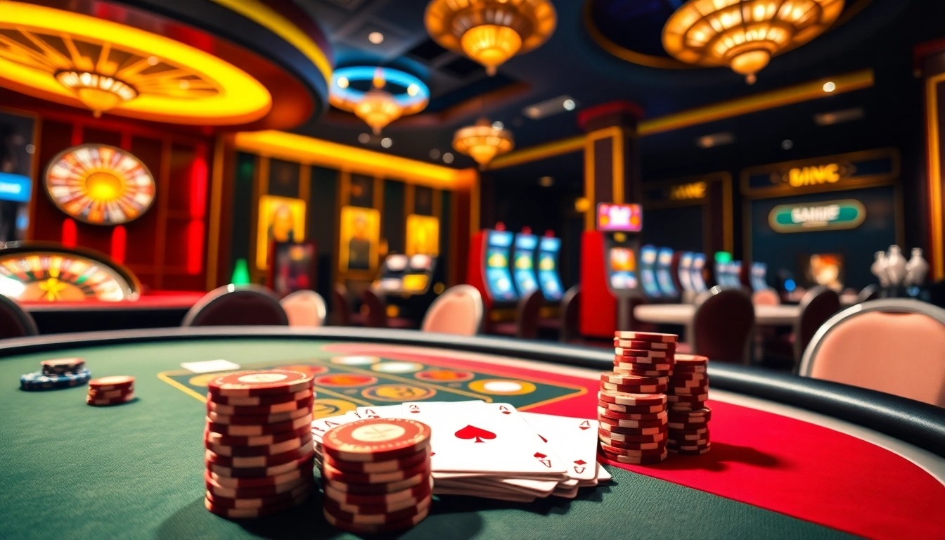 Experience the excitement of 77BALL with luxurious casino tables and vibrant slot machines.
