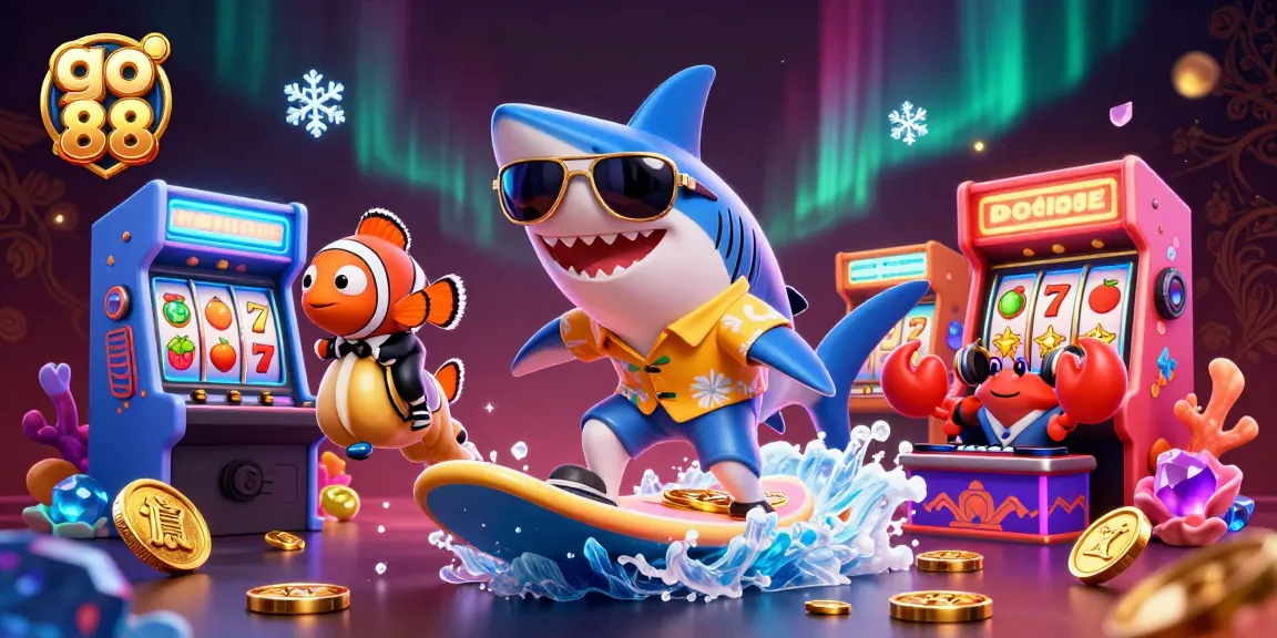 Experience the excitement with go 88 as the hammerhead shark surfs on gold coins, celebrating fun casino gameplay.