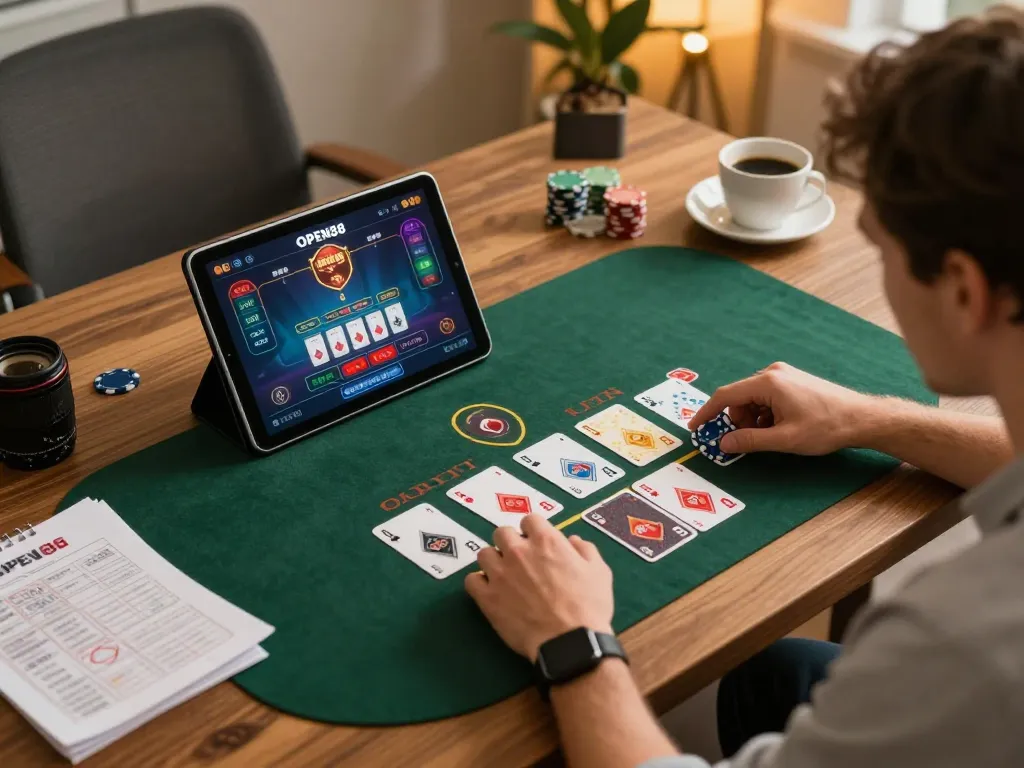 Engaging in an online blackjack game at OPEN88, showcasing strategic gameplay at home