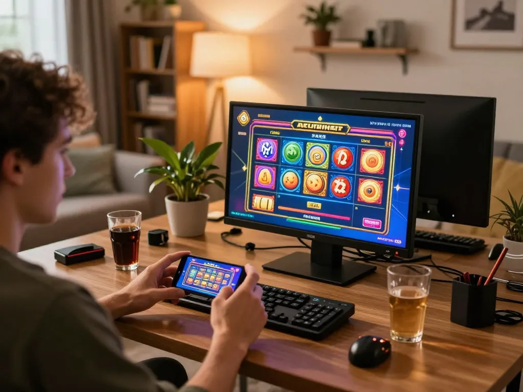 Player enjoying an online slot game on their smartphone at home, showcasing 8EE E gaming experience.