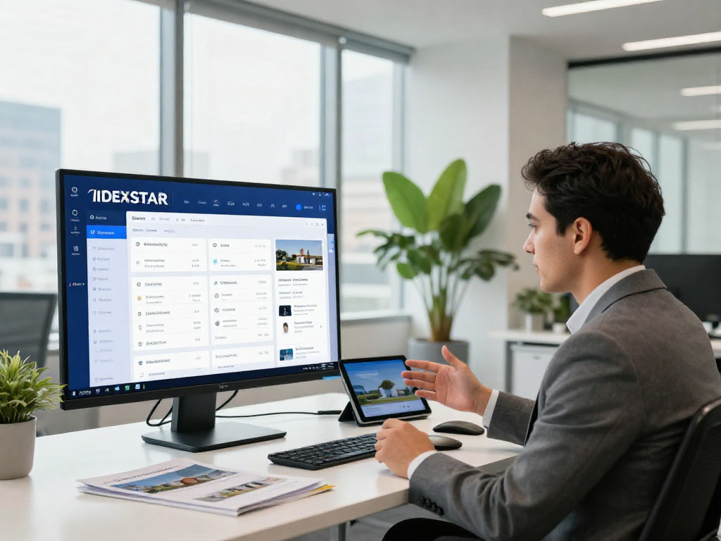 Real estate agent showcasing IDXSTAR listings in a modern office setting with dynamic technology integration