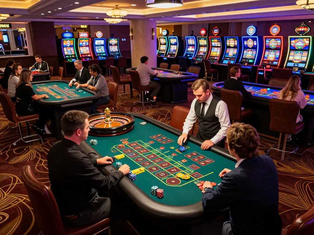Sunwin players strategizing at a roulette table, vibrant casino atmosphere with glowing slot machines.