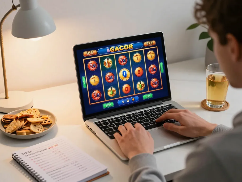 Player enjoying a slot gacor game on a laptop, showcasing dynamic online gaming experience.