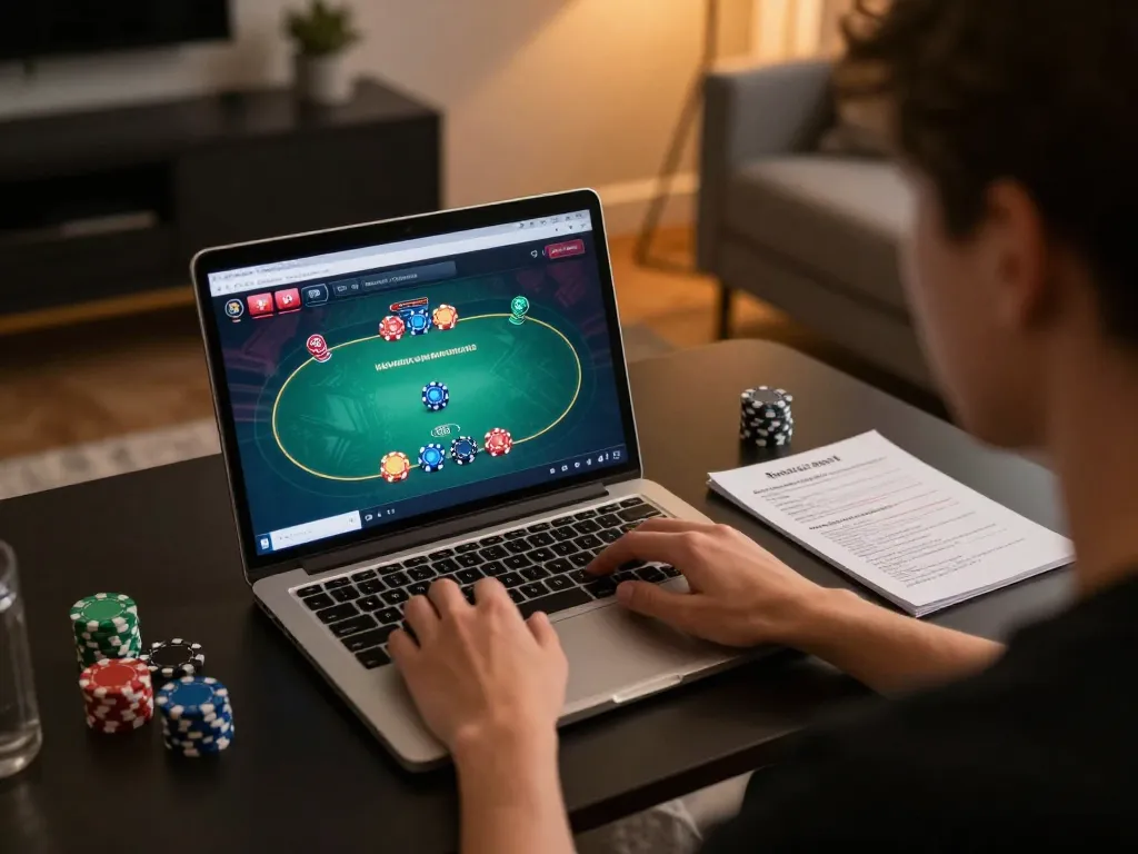 Engaging poker strategy gameplay at home with hitclub online, showcasing chips and notes.