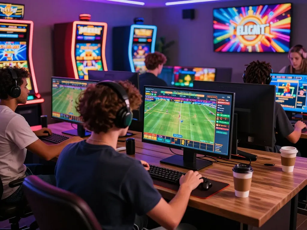 Online gambling scene with diverse players immersed in exciting tg88 casino games, showcasing a dynamic home gaming environment.
