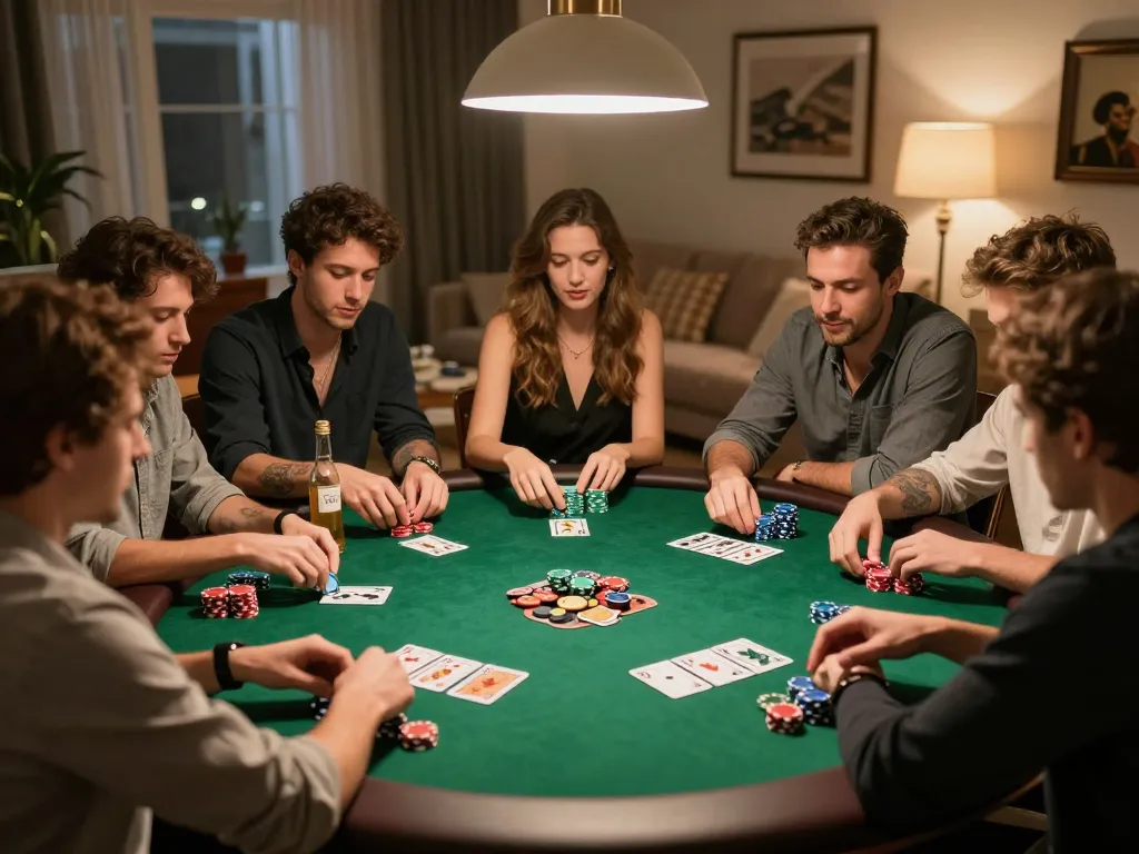 Fabet poker night scene with friends engaged in high-stakes gameplay at home.