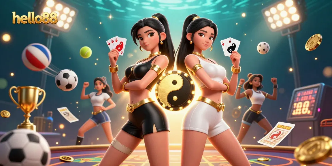 Experience thrilling action at hello88 with twin Asian women showcasing stunning casino elements and dynamic sports imagery.