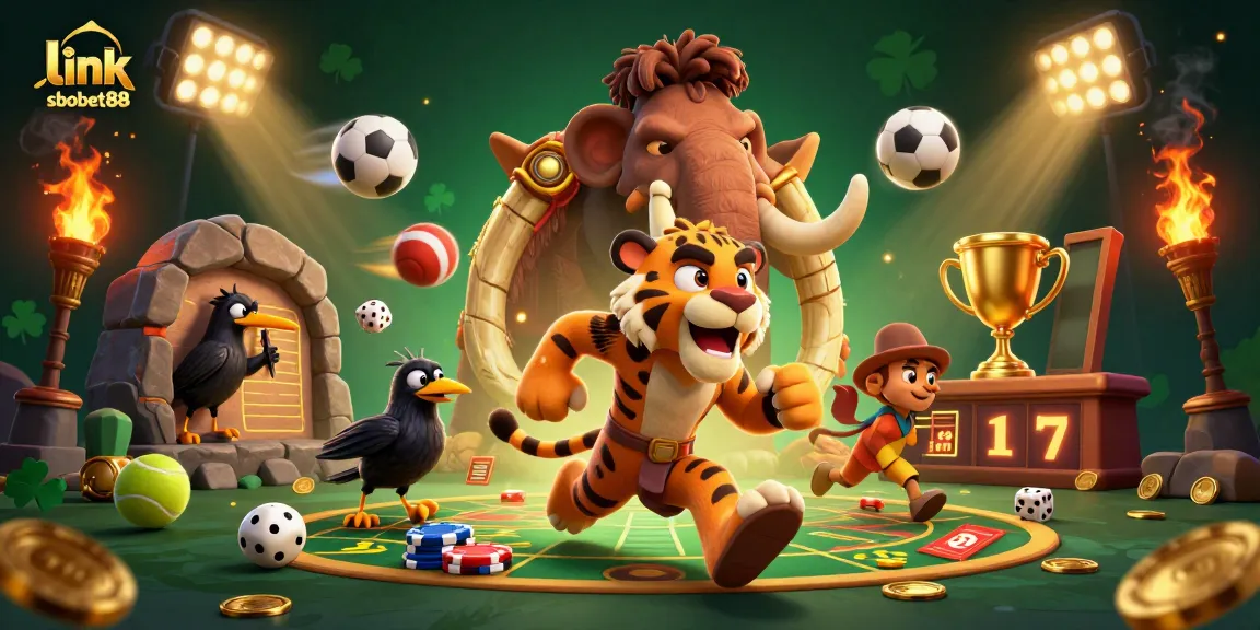 Betting action at link sbobet88 with caveman and sabertooth tiger in a prehistoric casino setting.