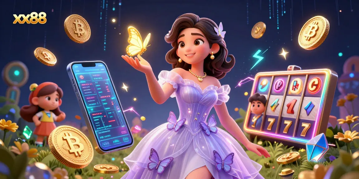 Experience the thrill of xx88 with vibrant slot reels and dazzling 3D coins amidst enchanting visuals.