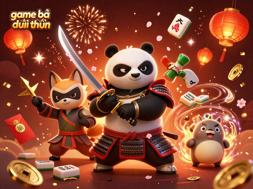 Experience thrilling game bài đổi thưởng with an animated scene of samurai panda, ninja fox, and magical tanuki in casino artistry.