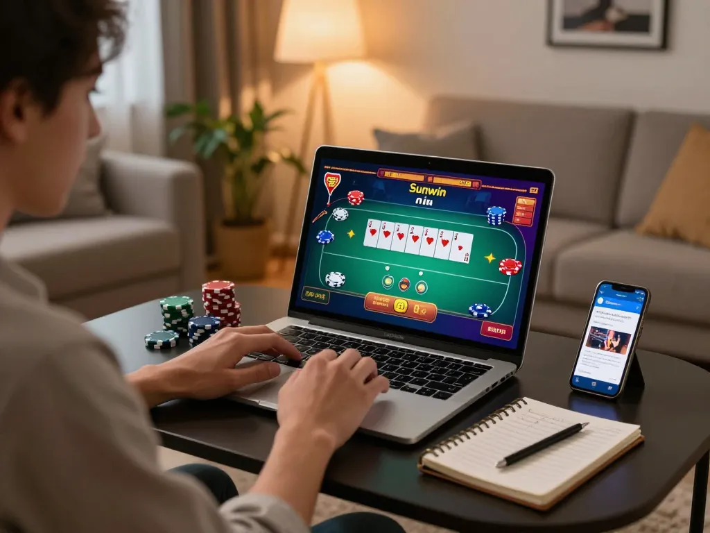 Engaged player using Sunwin app for online gambling at home, showcasing strategic gameplay.