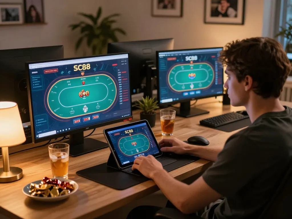 Engaged player enjoying SC88 online poker game on tablet in a cozy gaming setup