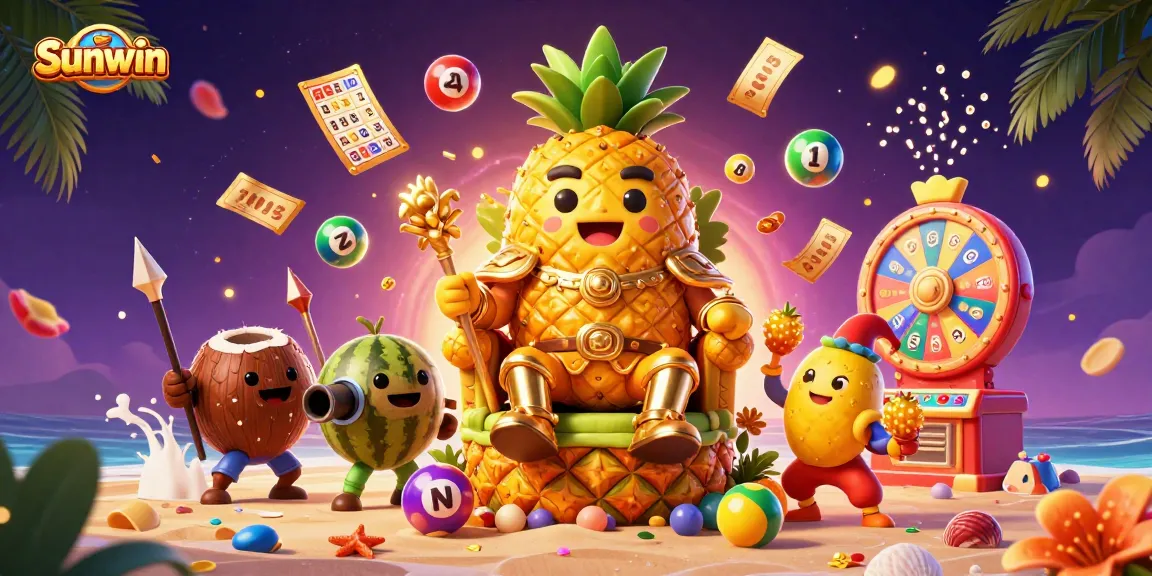 Experience thrilling moments at Sunwin’s vibrant casino with the golden pineapple king and exciting game elements.